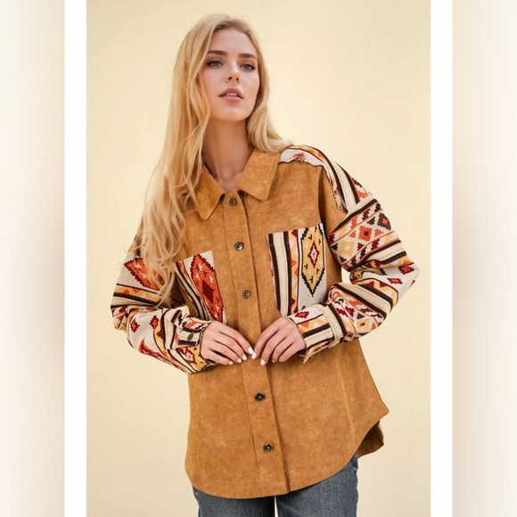 new in Jackets & Blazers - $89 NWT New In Aztec western Graphic Oversized Button Down Shacket Jacket L